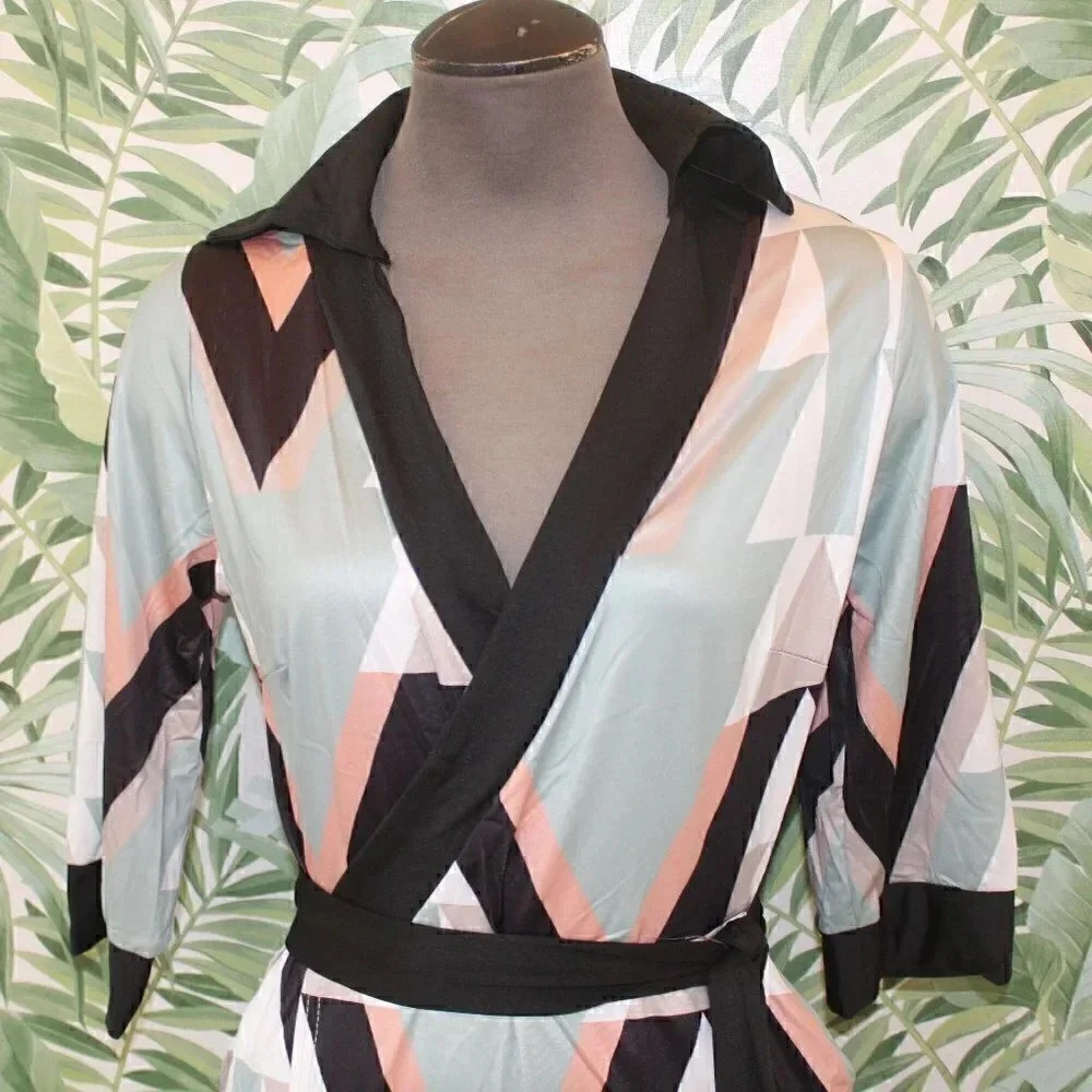 Fashion Long Sleeve V-Neck SHAPED Retro MCM Geometry Printed Wrap Midi Dress - Picture 7 of 7